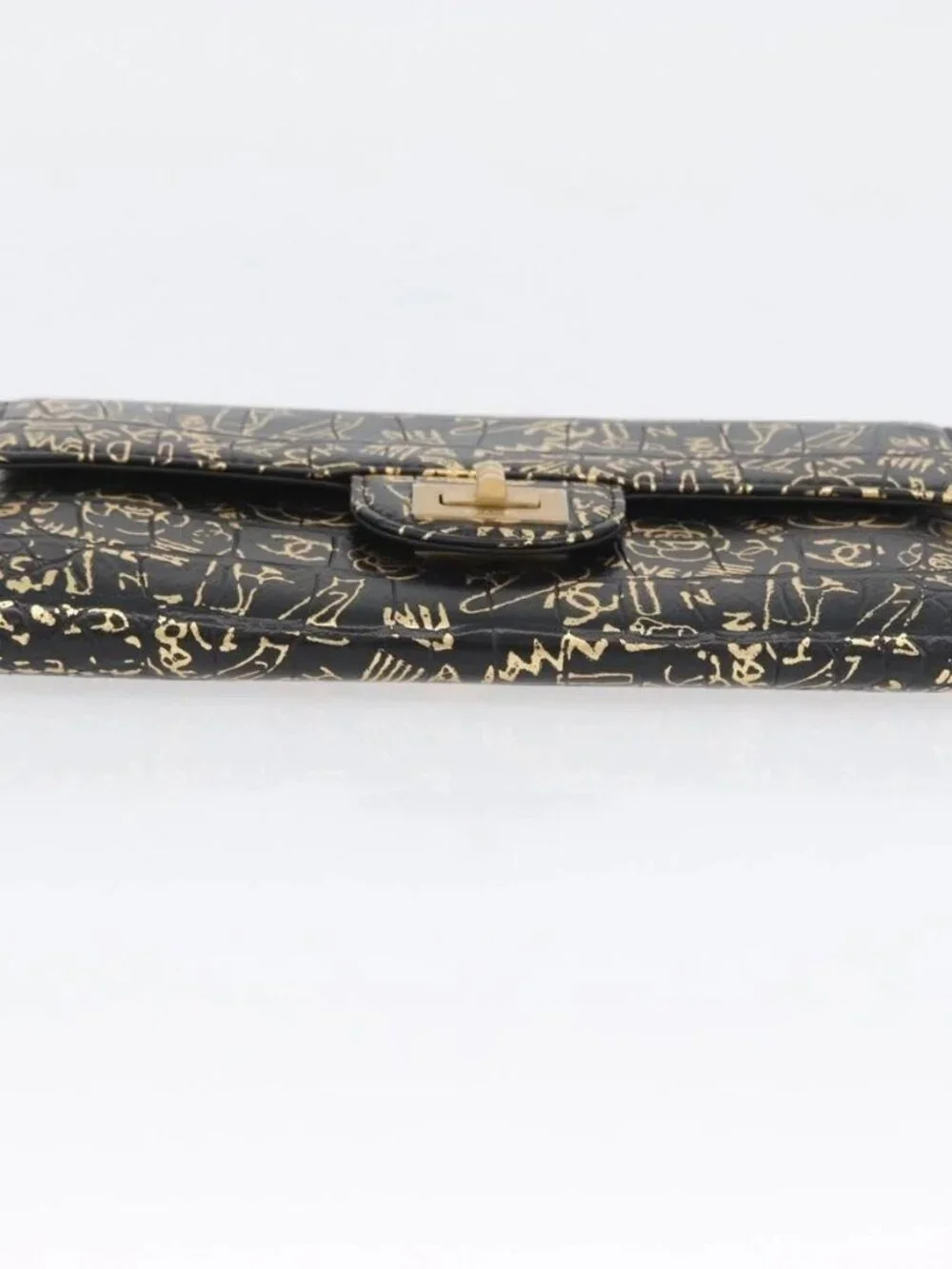 CHANEL 2.55 Long Wallet Croco Embossed Black Gold CC Auth 172450SAV